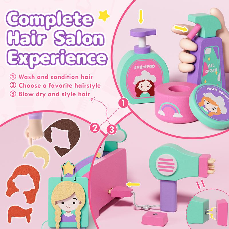 Wooden Toys Kids Hair Salon Playset, Pretend Play Barber Toys Vanity for Girls Birthday Gift, Hair Styling Toys girl memory training and observation