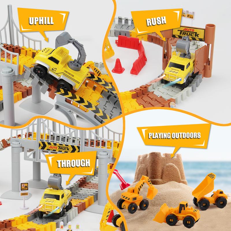 Construction Race Tracks Set, Flexible Train Tracks w  2 Electric Construction Race Vehicles w Lights, STEM Engineering Race Track Toys with Dump Truck, Crane Assort Acessories for Boys Girls