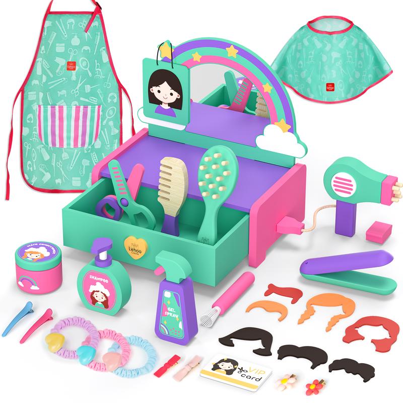 Wooden Toys Kids Hair Salon Playset, Pretend Play Barber Toys Vanity for Girls Birthday Gift, Hair Styling Toys girl memory training and observation