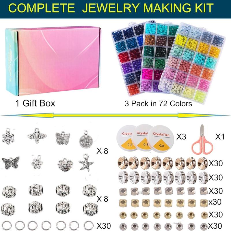 Glass Beads Bracelet Making Kit, 3000 count 72 Colors 6 mm  Glass Beads for  Making, Glass Beads Kits for Beginners DIY Earrings Necklaces Rings Crafts Xmas Gifts