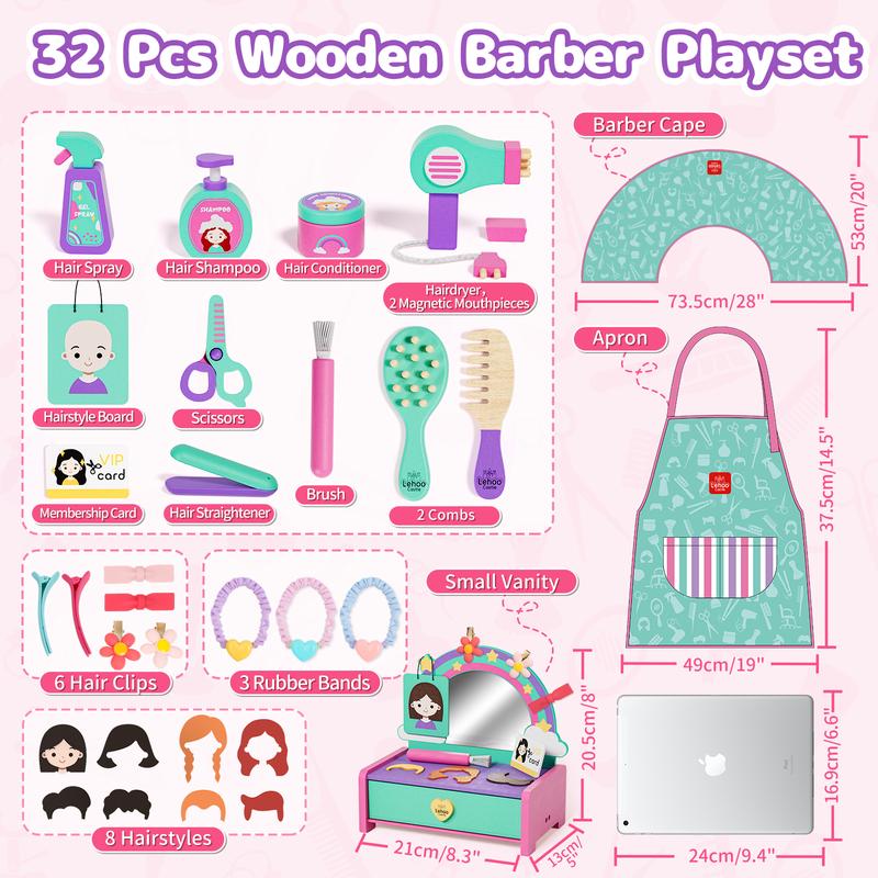 Wooden Toys Kids Hair Salon Playset, Pretend Play Barber Toys Vanity for Girls Birthday Gift, Hair Styling Toys girl memory training and observation