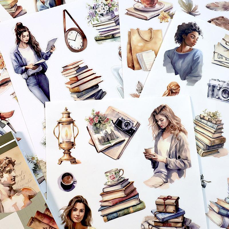 Vintage Reading Girl Pattern Sticker, 20 Sheets set Scrapbooking & Journal Making Material Paper, DIY Decorative Sticker for Stationery & Water Bottle & Laptop