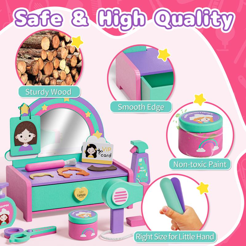 Wooden Toys Kids Hair Salon Playset, Pretend Play Barber Toys Vanity for Girls Birthday Gift, Hair Styling Toys girl memory training and observation