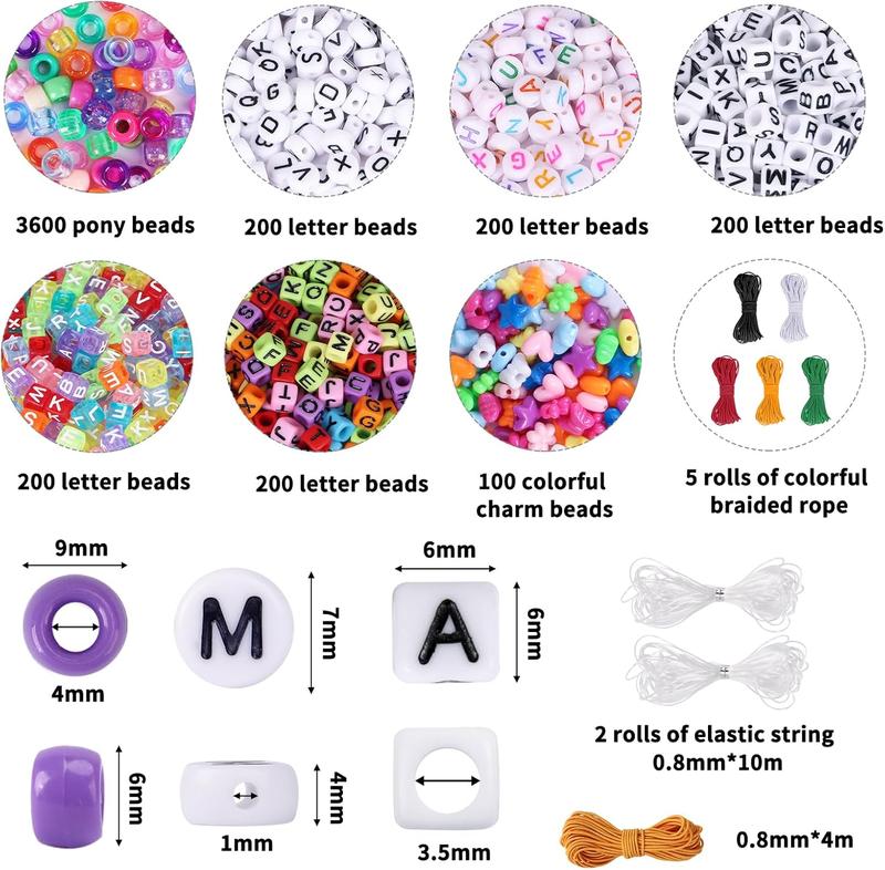 4700 count, 72 Colors Pony Beads Rainbow Kandi Bead for Bracelets Making Kit, 3600 count 9mm Plastic Beads and 1000 count Letter Beads, Alphabet Beads for Bracelets  Making with Elastic Threads