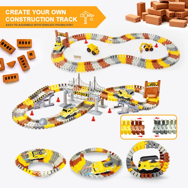 Construction Race Tracks Set, Flexible Train Tracks w  2 Electric Construction Race Vehicles w Lights, STEM Engineering Race Track Toys with Dump Truck, Crane Assort Acessories for Boys Girls