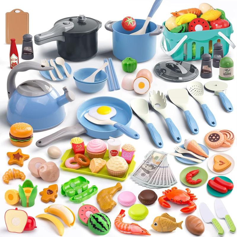 Christmas gift 130-Piece Kitchen Playset for Toddlers Pretend Cooking with Pots, Pans, Utensils, Food, Dessert, Shopping Basket Educational Kids gift