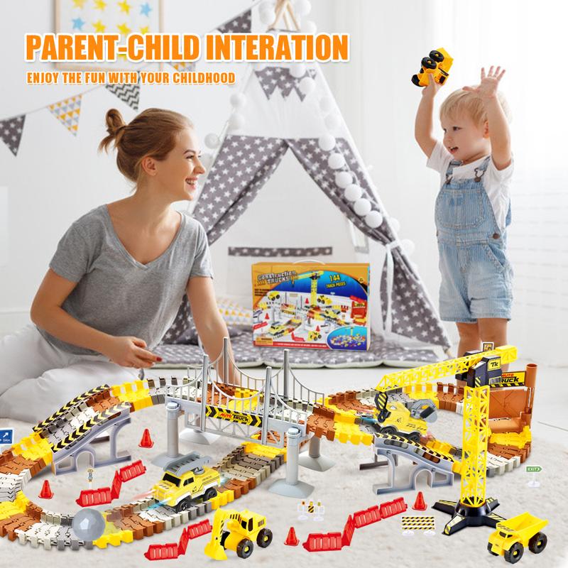 Construction Race Tracks Set, Flexible Train Tracks w  2 Electric Construction Race Vehicles w Lights, STEM Engineering Race Track Toys with Dump Truck, Crane Assort Acessories for Boys Girls