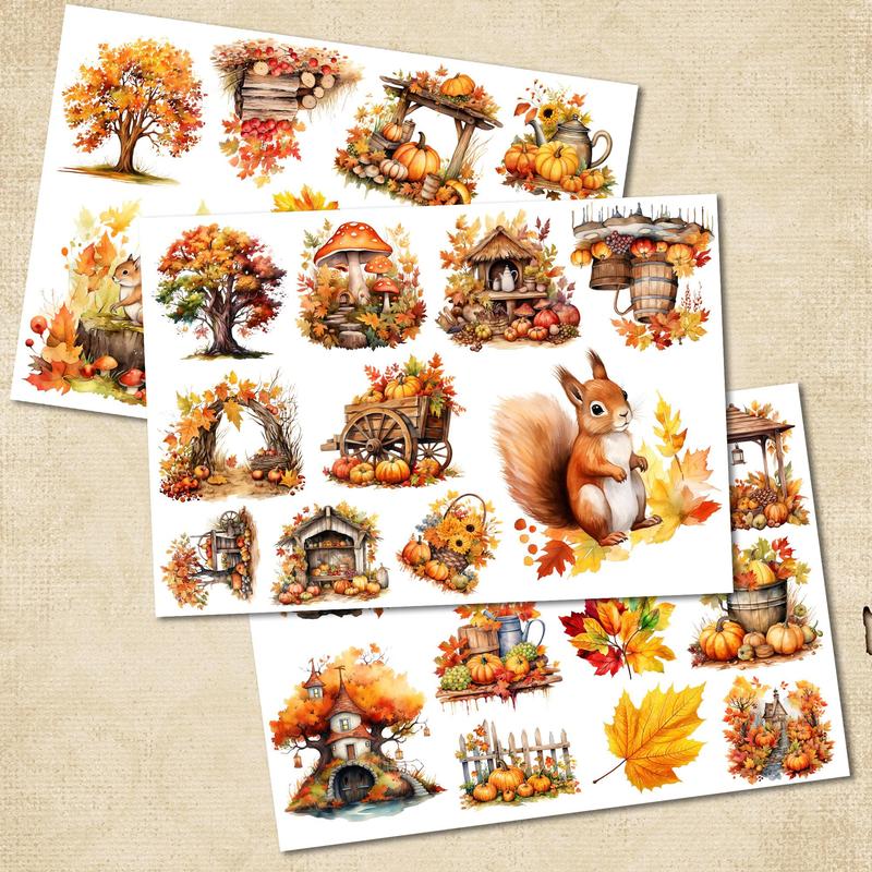 Vintage Fall Forest Squirrel Pattern Sticker & Paper Set, (76pcs set), Including 12pcs Paper & 64pcs Sticker, Scrapbooking Material Paper