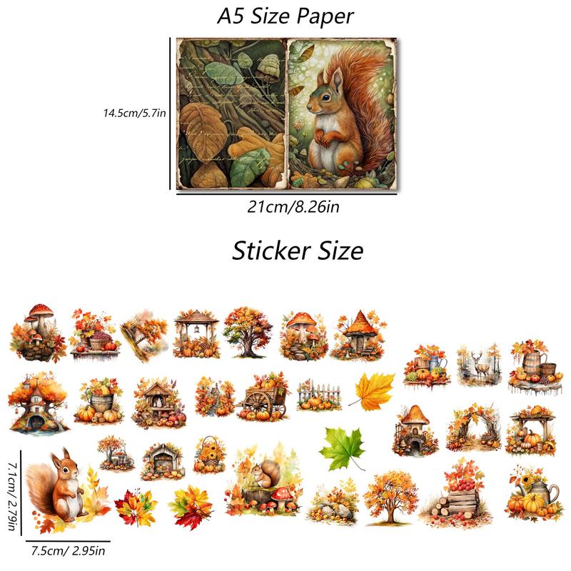 Vintage Fall Forest Squirrel Pattern Sticker & Paper Set, (76pcs set), Including 12pcs Paper & 64pcs Sticker, Scrapbooking Material Paper