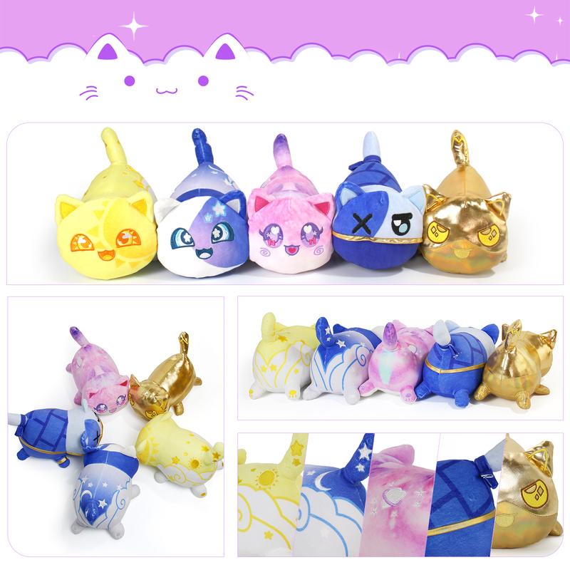 69-PCS  11-inches Cat Plush+ 60-Sticker + 8-Pcs Shoe Charms - Galaxy Cat Collection - 100% Embroidered Plushie - Cat Stuffed Animal Collectible (Sun, Moon, Galaxy, Gold Ein, Ninja Zane Cat )