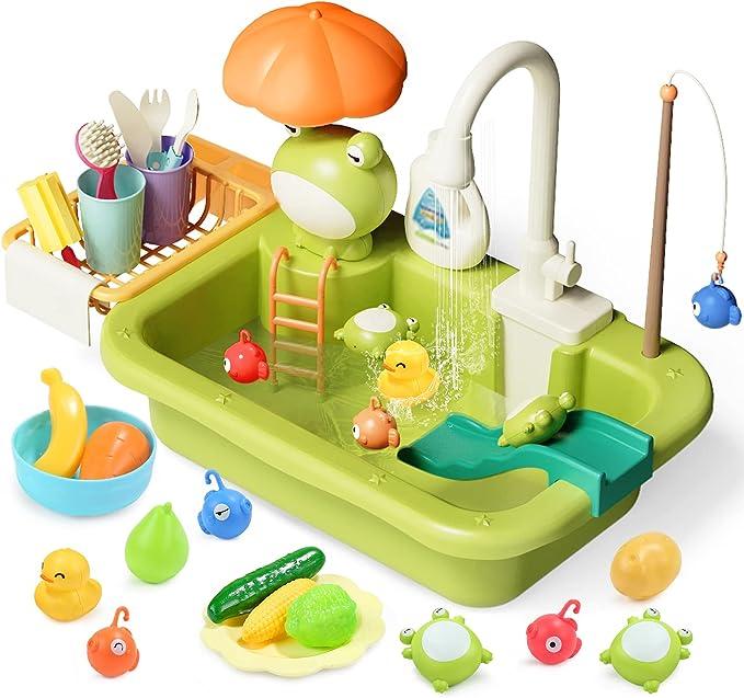 Cute Stone Sink Toys with Upgraded Electric Faucet, Pool Floating Fishing Toys for Water, Kitchen Set Toys