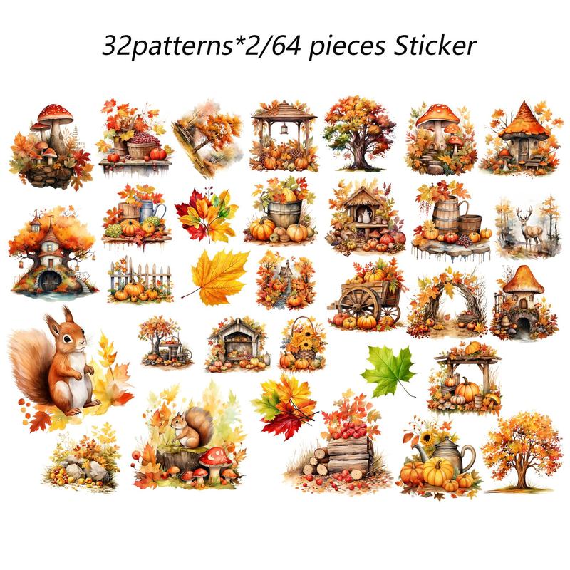 Vintage Fall Forest Squirrel Pattern Sticker & Paper Set, (76pcs set), Including 12pcs Paper & 64pcs Sticker, Scrapbooking Material Paper