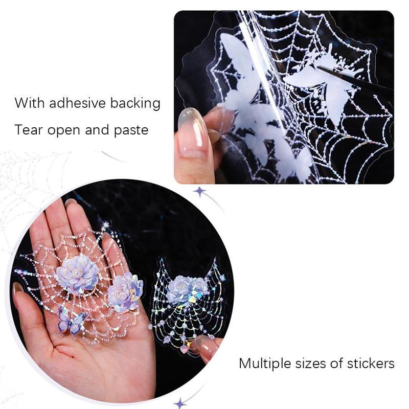 Spider Web Themed Sticker, 40pcs set PET Material Shell Glitter Sticker, DIY Decorative Sticker for Card Making, Journal, Scrapbooking, Phone Case