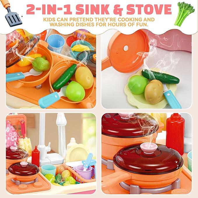 Play Sink with Running Water, Kitchen Sink with Upgraded Electric Faucet, Play Kitchen , Realistic Play Food Set Learning Cooking Set Kitchen Tool for Ages 4+ Child's Safe