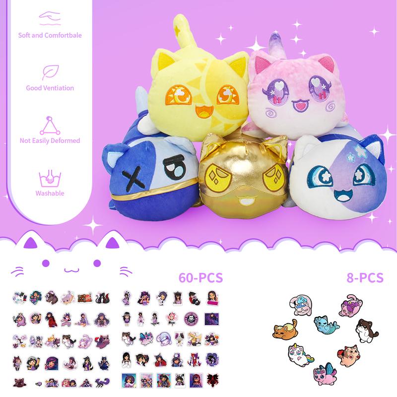 69-PCS  11-inches Cat Plush+ 60-Sticker + 8-Pcs Shoe Charms - Galaxy Cat Collection - 100% Embroidered Plushie - Cat Stuffed Animal Collectible (Sun, Moon, Galaxy, Gold Ein, Ninja Zane Cat )