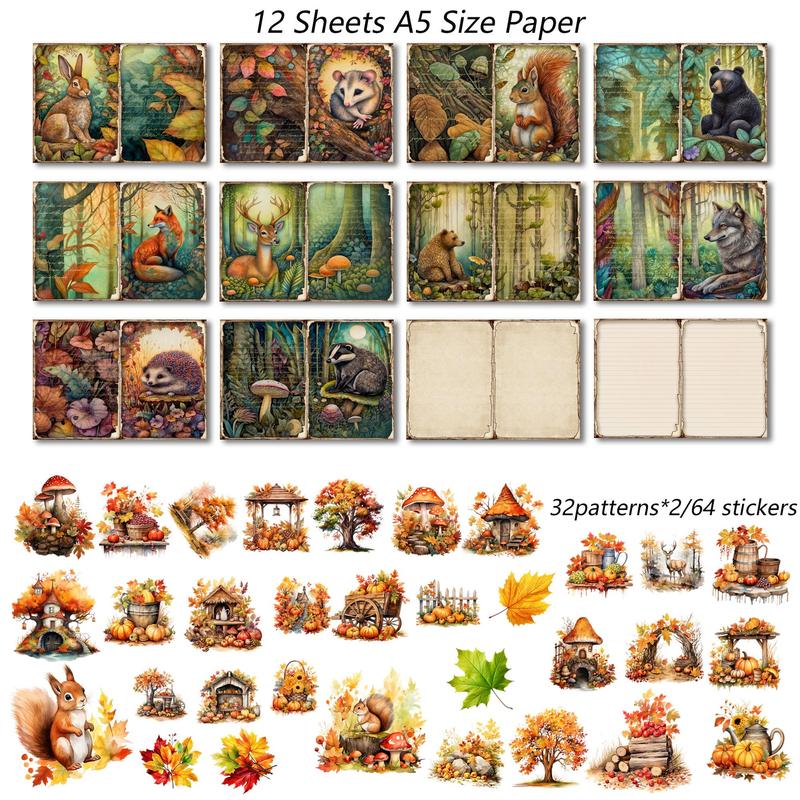 Vintage Fall Forest Squirrel Pattern Sticker & Paper Set, (76pcs set), Including 12pcs Paper & 64pcs Sticker, Scrapbooking Material Paper