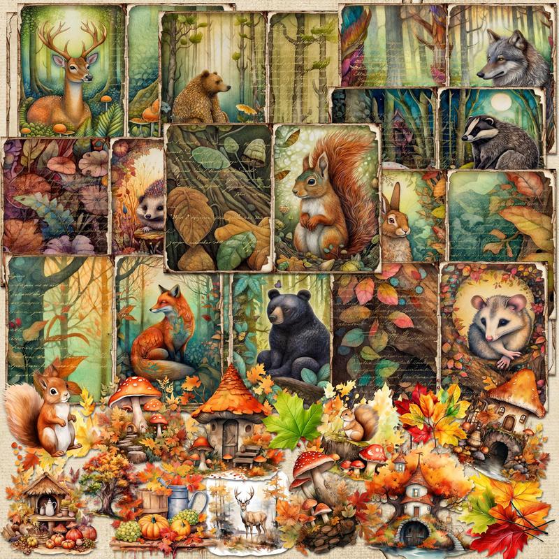 Vintage Fall Forest Squirrel Pattern Sticker & Paper Set, (76pcs set), Including 12pcs Paper & 64pcs Sticker, Scrapbooking Material Paper