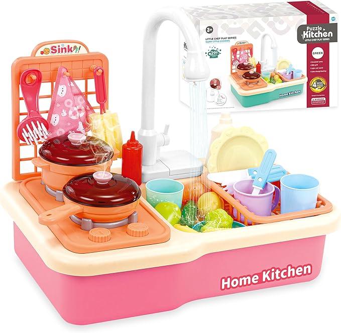 Play Sink with Running Water, Kitchen Sink with Upgraded Electric Faucet, Play Kitchen , Realistic Play Food Set Learning Cooking Set Kitchen Tool for Ages 4+ Child's Safe