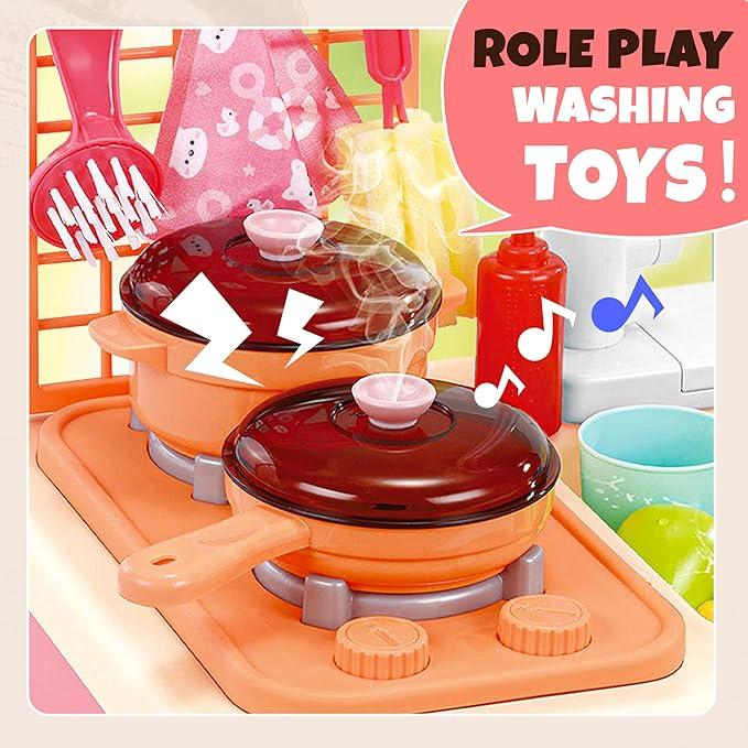 Play Sink with Running Water, Kitchen Sink with Upgraded Electric Faucet, Play Kitchen , Realistic Play Food Set Learning Cooking Set Kitchen Tool for Ages 4+ Child's Safe