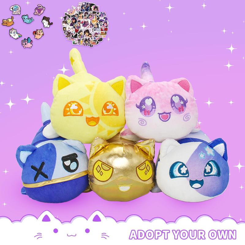 69-PCS  11-inches Cat Plush+ 60-Sticker + 8-Pcs Shoe Charms - Galaxy Cat Collection - 100% Embroidered Plushie - Cat Stuffed Animal Collectible (Sun, Moon, Galaxy, Gold Ein, Ninja Zane Cat )