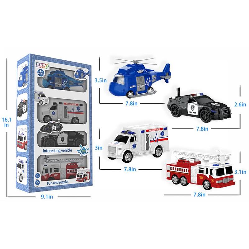 4 Packs Fire Truck Toy, Ambulance, Police Car, and Helicopter, Emergency Vehicle Truck Toy Set with Lights and Sounds, Friction Powered Car Toy for Boys and Girls