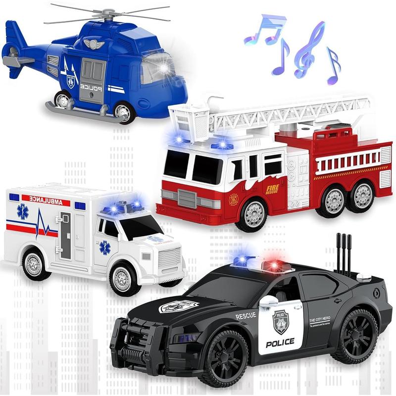 4 Packs Fire Truck Toy, Ambulance, Police Car, and Helicopter, Emergency Vehicle Truck Toy Set with Lights and Sounds, Friction Powered Car Toy for Boys and Girls