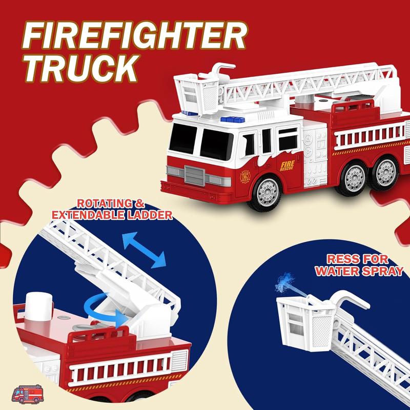 4 Packs Fire Truck Toy, Ambulance, Police Car, and Helicopter, Emergency Vehicle Truck Toy Set with Lights and Sounds, Friction Powered Car Toy for Boys and Girls