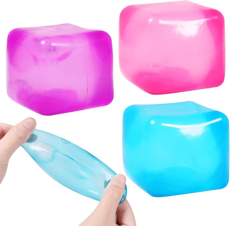 3pack Stress Cube Squishy Stress Balls for Adults Kids Sensory Ice Cube Fidget Toy for Your Best Mellow and Chill -Square Shape with Filling in Pink Purple Blue Green- Age 3 to Adult (3pcs)