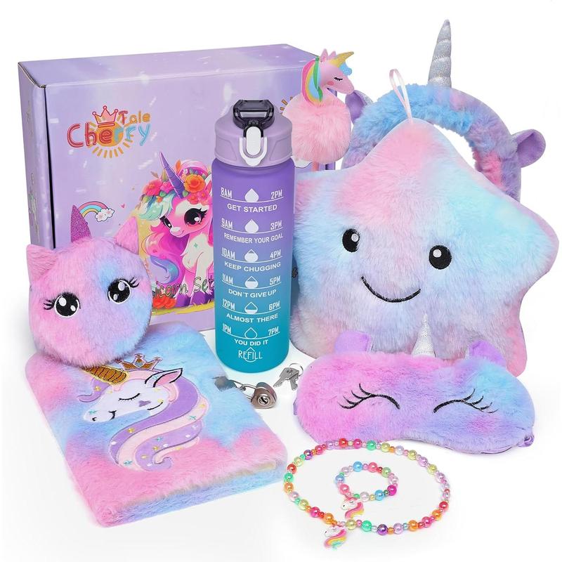 Unicorns Gifts for Girls Age 6-8, Kids Unicorn Toy Set with Light Up Star Pillow Water Bottle Plush Diary Birthday for Girls Age 4 5 6 7 8 9 10