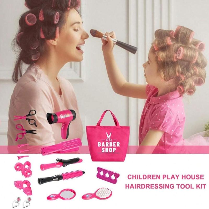 Simulated Hair Styling Toy with Bag Set, 16pcs set Hair Dryer & Scissors & Stylist Accessories, Barber Shop Pretend Play Toy for Girls, Birthday Gift