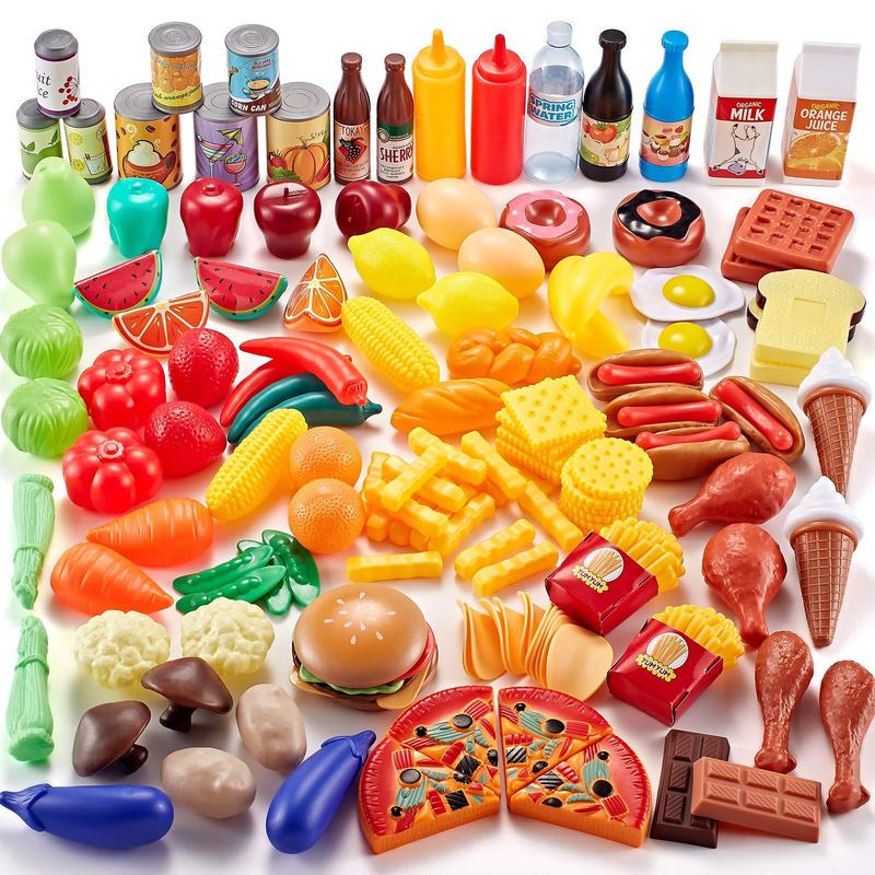 Colorful Food Toy Set, 143pcs set Pretend Play Food Toy, Pizza & Vegetable & Fruit Toy, Fun Kitchen Toy for Boys & Girls