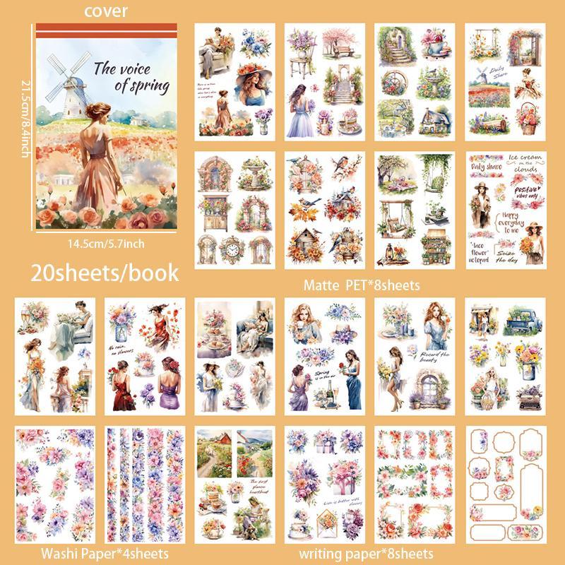 Girl & Flower Pattern Sticker (20 Sheets), DIY Decorative Sticker, Creative Material for Scrapbooking & Journal Making