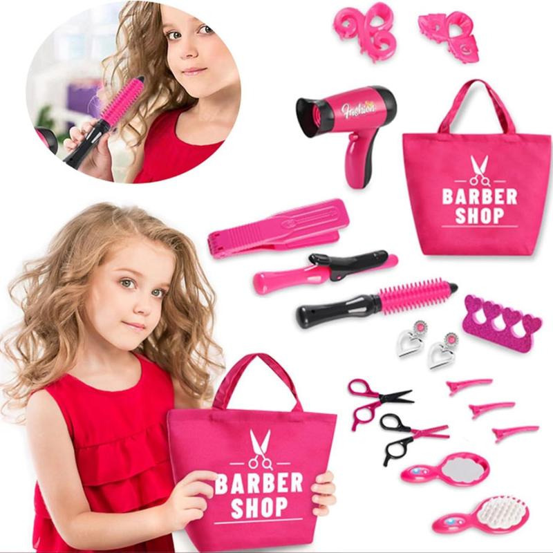 Simulated Hair Styling Toy with Bag Set, 16pcs set Hair Dryer & Scissors & Stylist Accessories, Barber Shop Pretend Play Toy for Girls, Birthday Gift