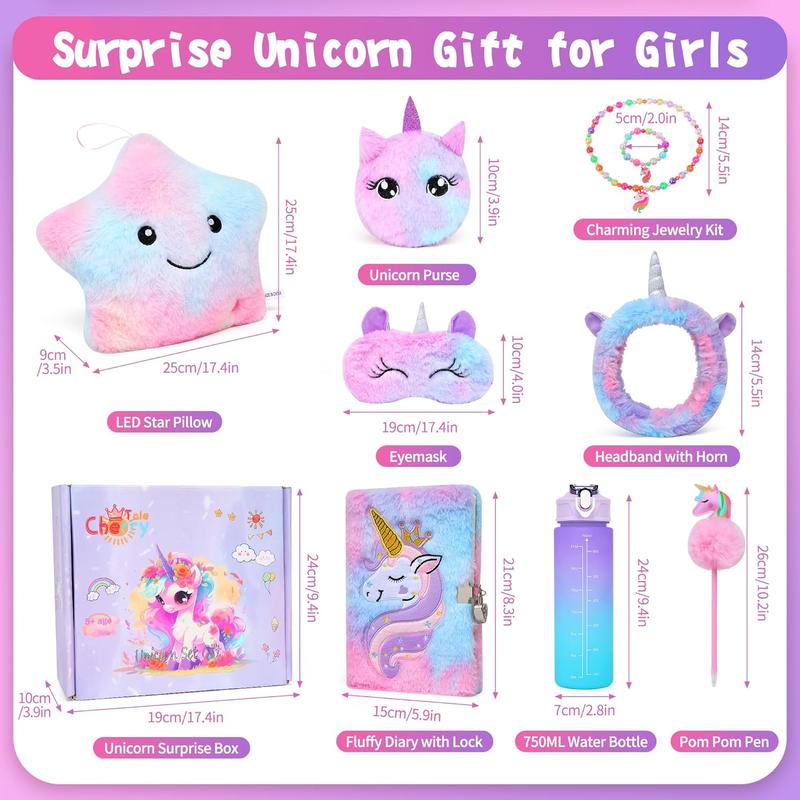 Unicorns Gifts for Girls Age 6-8, Kids Unicorn Toy Set with Light Up Star Pillow Water Bottle Plush Diary Birthday for Girls Age 4 5 6 7 8 9 10