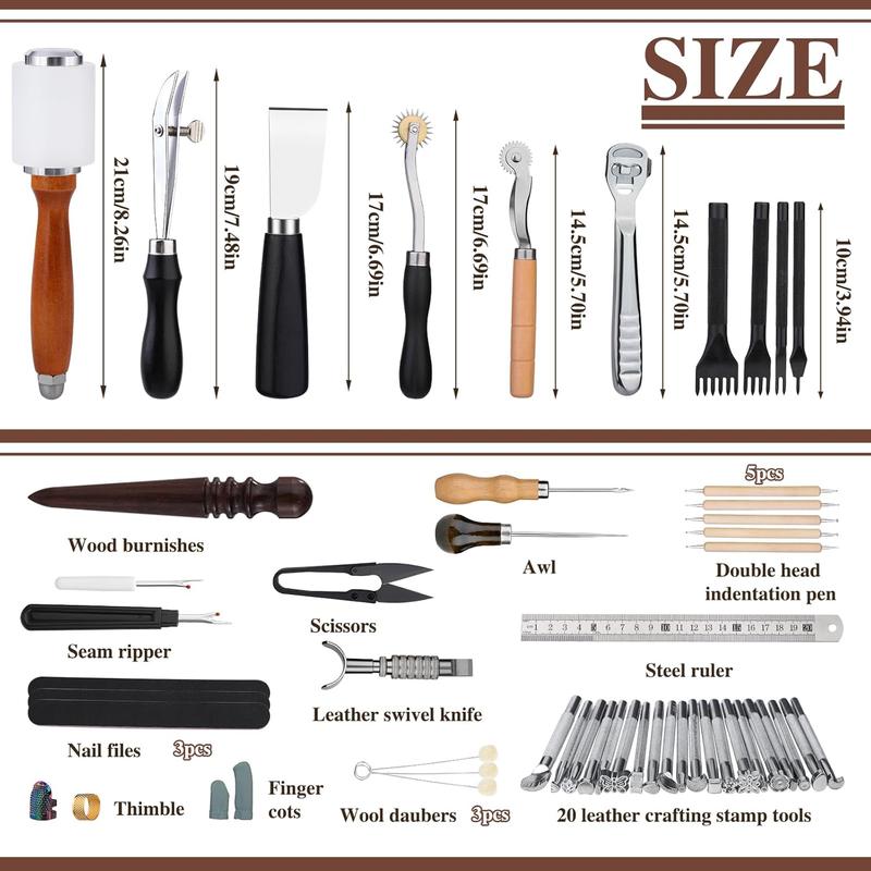 Leather Kit, Leather Tooling Kit, Practical Leather Working Tools with Leather Stamping Tools, Beveler, Groover, Stitching Punch Sewing Thread and  - Leather Roll Bag and Manual