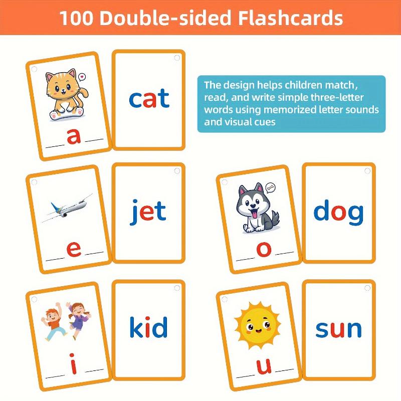 100pcs Double-sided CVC Words Guessing Cards, CVC Visual Word Handwriting Cards, Short Vowel Spelling Guessing Cards, Educational Toys Gifts, Educational Gifts Or Holiday Gifts For Kids