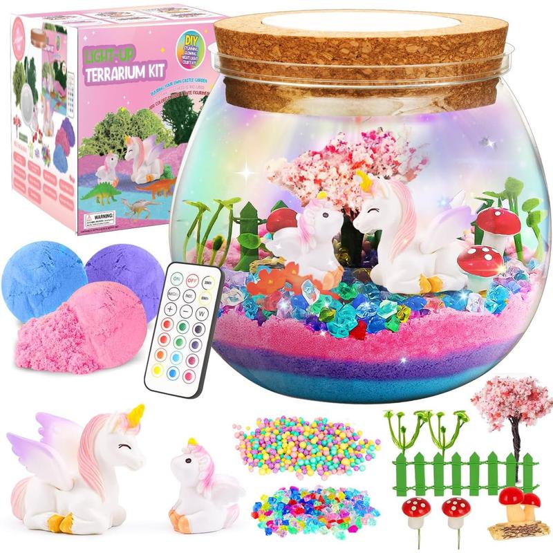 Unicorn Toys Kids Terrarium Kit with LED Night Light & Remote DIY Arts and Crafts Science Kits Dinosaur Toys for Girls Boys 4 5 6 7 8 9 10 11 12 13 Year Old Birthday Christmas Gifts