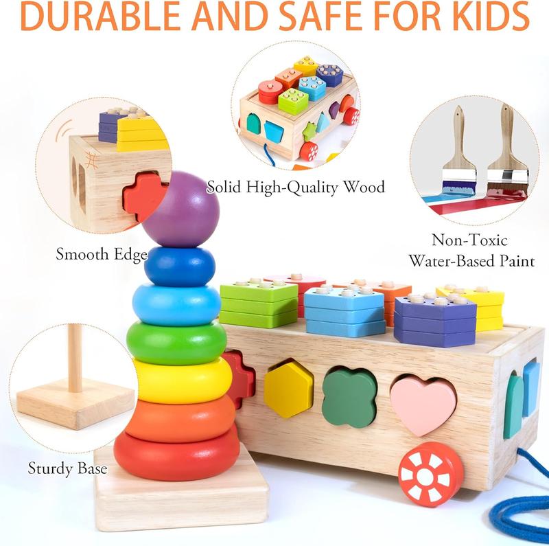 CHRISTMAS GIFT Montessori Toys for 1 Year Old, Wooden Blocks Shape Sorter Stacking Rings Baby Color Sorting Toys for Toddlers 1-3, Pull Along Educational Learning Toys, 1 Year Old Boys Girls Birthday Gift