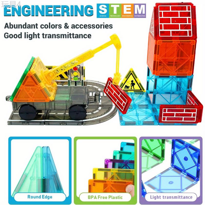 Magnetic Tiles Road Set with Magnet Crane Car Toys, Magnetic Blocks STEM Toys Creativity And Educational Construction Toys Toys for Kids Age 3-6 Birthday Gifts Random Color