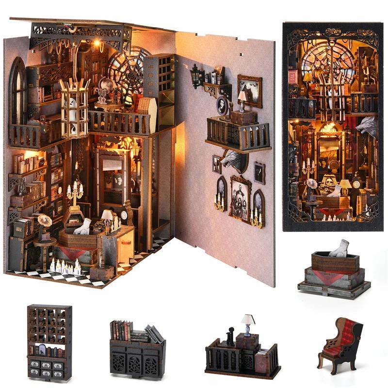 Book Nook Kit The Addams Family DIY Wooden Puzzle Wednesday Halloween Bookshelf Dollhouse Model Bookend Building Home Decoration