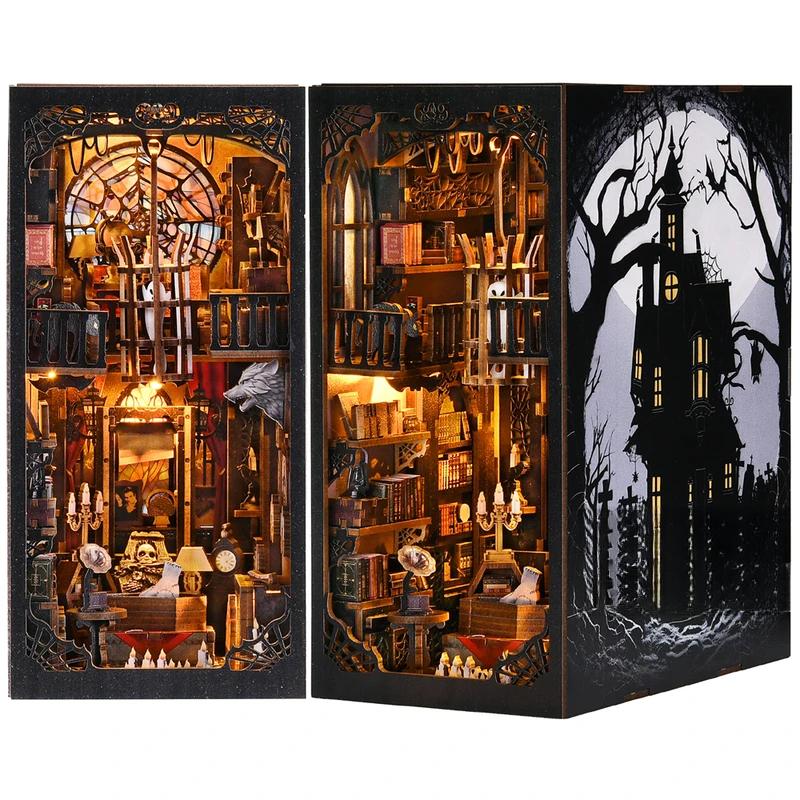 Book Nook Kit The Addams Family DIY Wooden Puzzle Wednesday Halloween Bookshelf Dollhouse Model Bookend Building Home Decoration