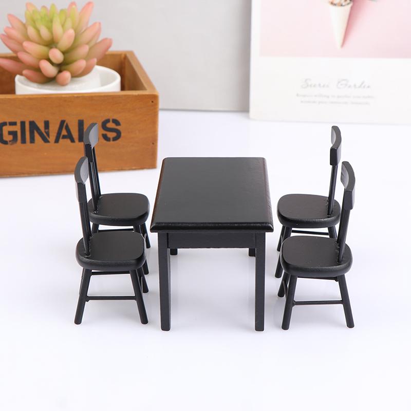 1:12 Dollhouse Restaurant Mini Dining Table Food Black Table Chairs Scene Model