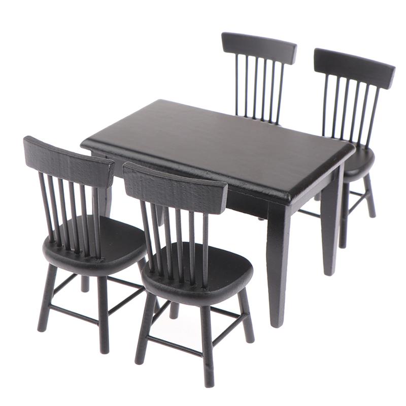 1:12 Dollhouse Restaurant Mini Dining Table Food Black Table Chairs Scene Model