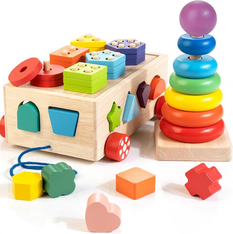 CHRISTMAS GIFT Montessori Toys for 1 Year Old, Wooden Blocks Shape Sorter Stacking Rings Baby Color Sorting Toys for Toddlers 1-3, Pull Along Educational Learning Toys, 1 Year Old Boys Girls Birthday Gift