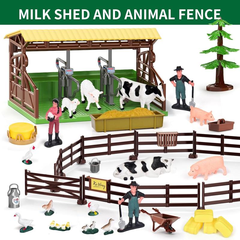 Farm Animal Statue DIY Toy Set, 101pcs set Barn Toys, Cow Sheep Tractor Trailer Farmer Fence Toy Set, Holiday Gift, Inertia Farmer Vehicle