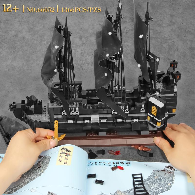 TOKMOC 66052,Pearl Pirate Ship Building Block Set with stand,Upgraded Creative Sailboat Toy Model Building Kits,Black Pirate Boat Toy Christmas Birthday Gifts Suitable for Movie Fans Collection,For aged 12 and above,Stress relief toy,1366 Pieces