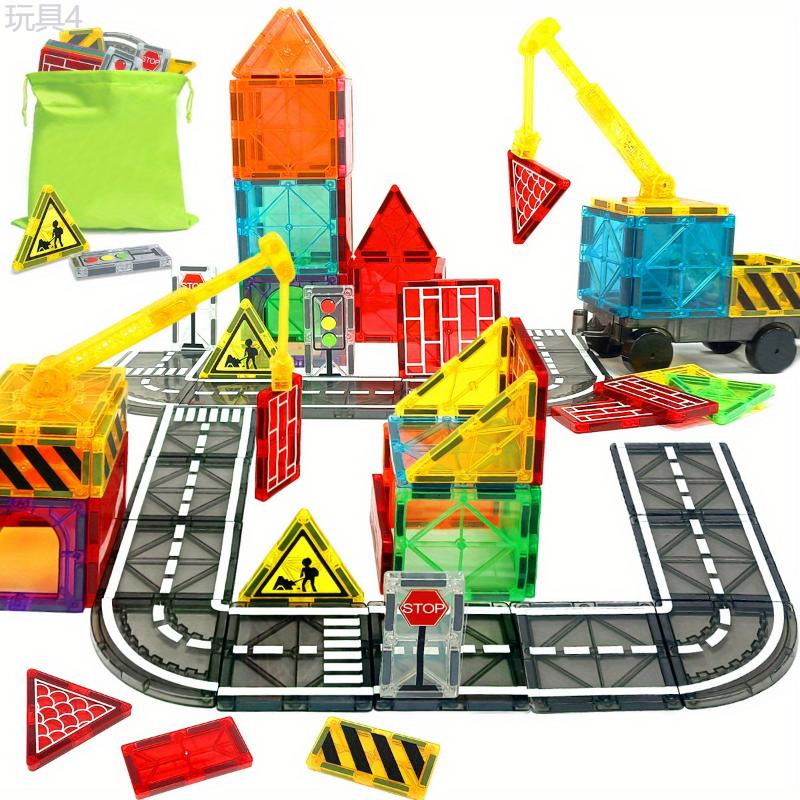 Magnetic Tiles Road Set with Magnet Crane Car Toys, Magnetic Blocks STEM Toys Creativity And Educational Construction Toys Toys for Kids Age 3-6 Birthday Gifts Random Color