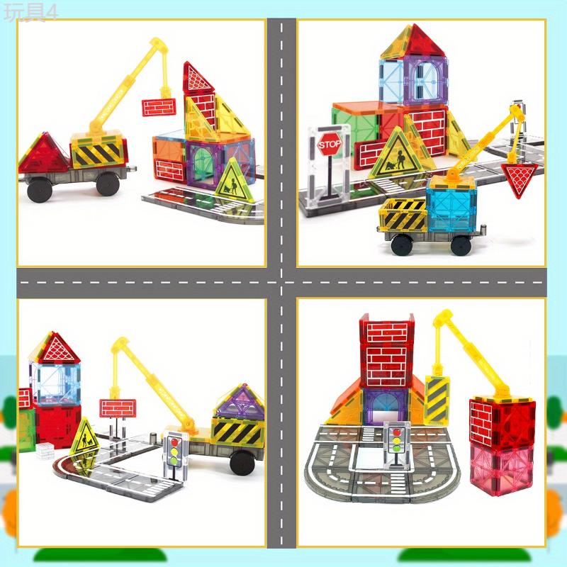 Magnetic Tiles Road Set with Magnet Crane Car Toys, Magnetic Blocks STEM Toys Creativity And Educational Construction Toys Toys for Kids Age 3-6 Birthday Gifts Random Color