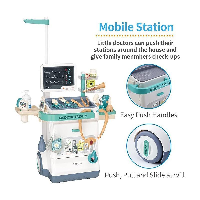 Doctor Toy Set, 1 Box Simulation Medical Station Toy with 26 Accessories, Mobile Cart with Lights and Thermometer, Pretend Play Toy for Boys & Girls