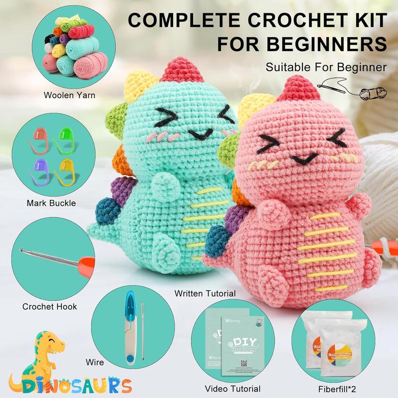 Christmas 2024 Gifts Dinosaur Crochet Kit for Beginners: 2P Crochet Animal Kits for Kids & Adults - Learn to Crocheting Cute Amigurumi Starter Kit with Written Pattern & Video Tutorials (40%+ Yarn Extra)